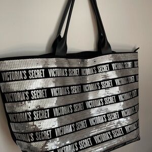 Victoria’s Secret Tote Bag – Black & Silver Sequin Bling Shopper Large Carryall
